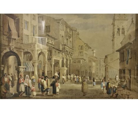 S PROUT (1783-1852) "A street in Budapest" watercolour heightened with body colour and white, unsigned, bears information lab