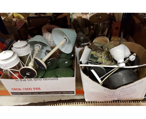 Four boxes of sundry household items to include wine buckets, hurricane lamps, various table lamps together with a leather su