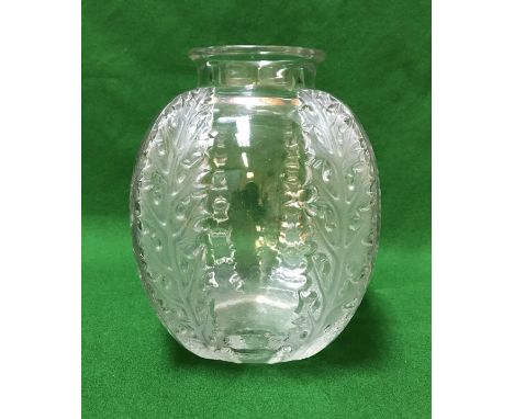 A Lalique "Chardons" vase, the clear and frosted glass with four large leaves forming the corners, acid etched "R Lalique" to