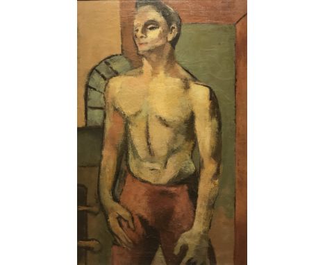 SYBIL MARGERY ATTECK "The Labourer" a portrait study of a man with naked torso, oil on canvas, signed upper right, inscribed 