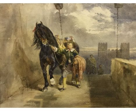 M JOHN FREDERICK TAYLOR (1802-1889) "Young man leading horse with further figures and castle gate in background" watercolour 