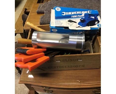 A selection of tools, garden tools, hedge strimmer and a shredder