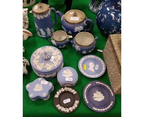 A Wedgwood blue Jasper dip three piece tea set, a similar jug with plated mounts, three various trinket bowls and covers, two