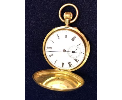 An 18 carat gold cased full hunter pocket watch, the key less movement with repeat by J W Benson, the back plate inscribed "J