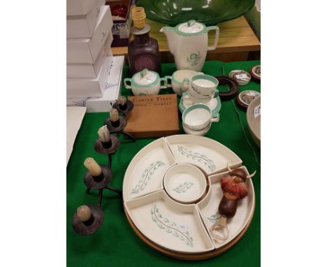 A Midwinter Stylecraft semi-porcelain coffee set, a Poole leaf pattern hors d'oeuvres set, box of Carter floral decorated til