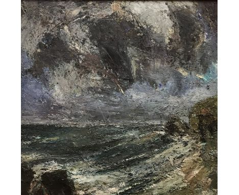 DANIEL BACKHOUSE "North Wind Aberbach" a wild coastal seascape with storm clouds, oil on board, unsigned, signed, titled and 