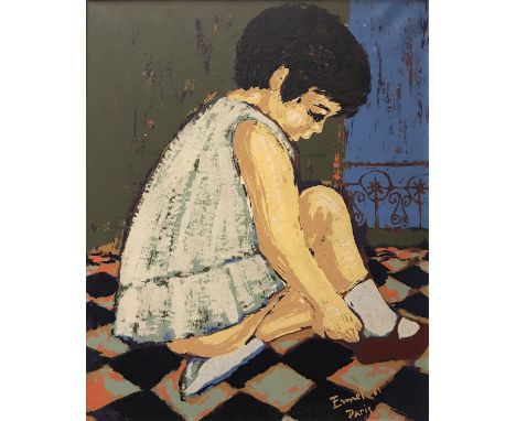MID 20TH CENTURY FRENCH SCHOOL "Young girl putting on her shoe" a portrait study, oil on canvas, indistinctly signed "Mlermel