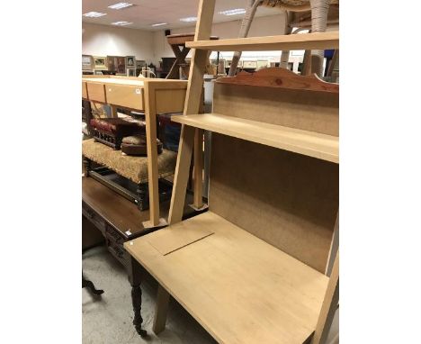 A modern oak three-drawer side table, together with a modern oak shelf/desk unit