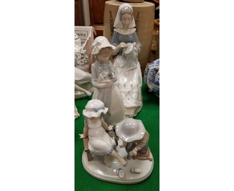 Two Lladro figures including "Woman Seated with Tapestry", "Young Boy Fitting Shoe Upon Young Girl" and a Nao figure of "Youn