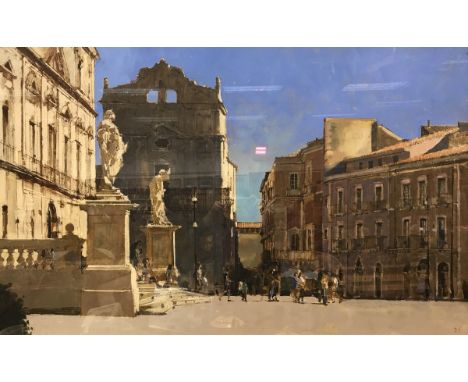 DAVID SAWYER "Santa Lucia alla badia Sicily, Piazza de duomo" oil on canvas, inscribed on "Mole Galleries" label verso (ARR) 