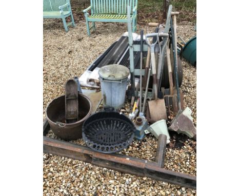 A large collection of garden tools to include a roller, an umbrella stand, plant hoppers and some roofing materials