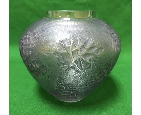 A Lalique "Esterel" vase, green / blue tinted with intaglio leaves motif, moulded "R Lalique" mark to base, approx 15.5 cm hi
