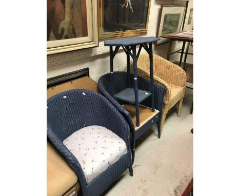 Two painted Lloyd Loom tub chairs, together with a similar octagonal occasional table, two wicker chairs, two mirrors and a f