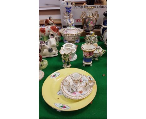 A collection of various pottery and porcelain wares to include Coalport floral encrusted vase, Rockingham style floral encrus