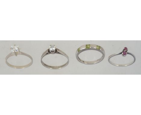 3 silver 925 single stone solitaire dress rings to include square cut cz, ruby garnet stones and green garnet emeralds and a 