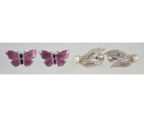 A  pair of silver and enamel butterfly earrings with post backs together with a pair of  silver hallmarked marcasite and pear