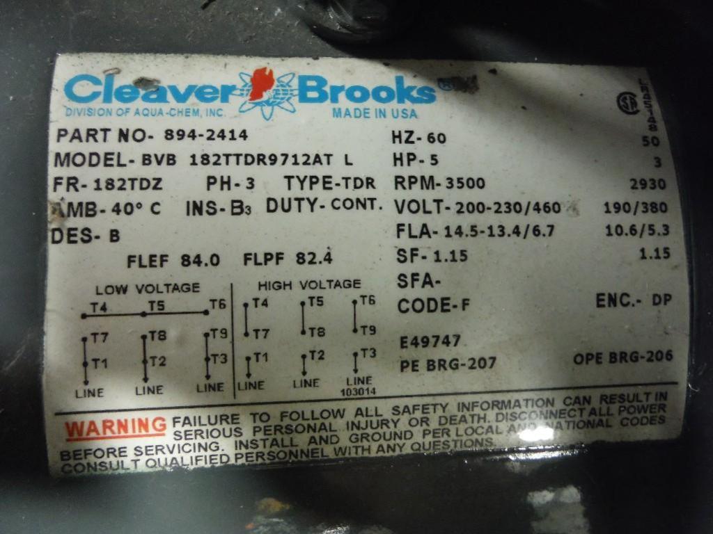 Cleaver Brooks boiler blower motor, 5 hp, 3 ph, frame 182TDZ. - RIGGING ...