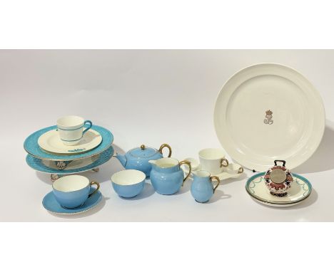 A mixed group comprising, a Wedgwood April blue part tea service comprising tea cup and saucer, milk jug (h-9cm), a creamer (