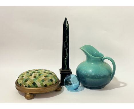 A large blue and teal decoration ceramic pitcher (h-27cm), a hand blown blue glass ball (h-10cm), a wooden green pattern hand
