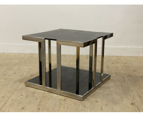A Vintage Chromed metal and smoked glass two tier coffee lamp table. H51cm, 65cm x 65cm.