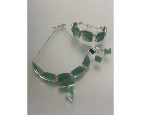 A hand made suite white metal jewelry including five panel graduated link octagonal bracelet,( D x 8 cm), a&nbsp; pair of scr