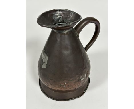 A vintage much loved copper gallon measure, some areas of hard solder repairs, (H x 23 cm)