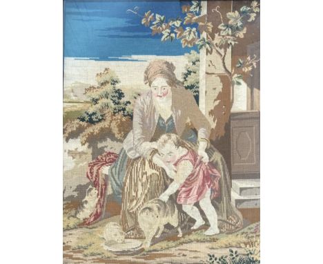 A 20thc needlepoint tapestry of a peasant mother and child stroking a cat in a wooden glazed frame. (67cmx50cm)&nbsp;