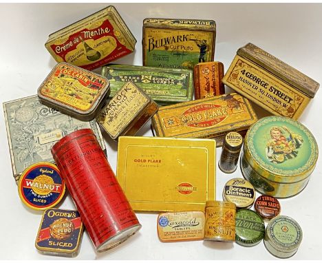 A group of vintage tins comprising a Wilkin Ltd confectionary tin, several smoking/tobacco tins, items of stationary, a cylin
