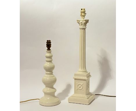 A plaster Corinthian style table lamp (h-60cm) (some wear to decoration and chips to base) and a ceramic bubble style table l