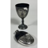 A 1873 Epns presentation oval glass hip flask with half leather covered top and slip off drinking