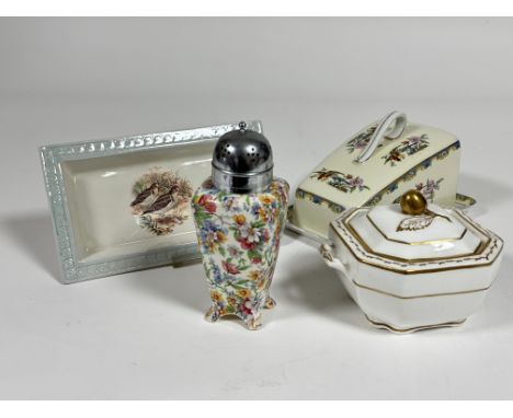 A Midwinter china chintz ware pattern square tapered sugar castor with chrome plated top, (H x 16 cm), a Spode china octagona