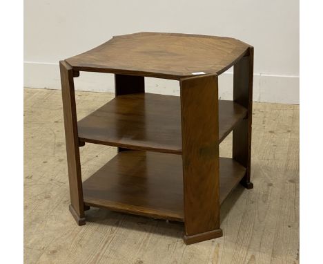 An Art Deco period walnut three height lamp table, the quarter sawn veneered, cross banded top with canted corners raised on 