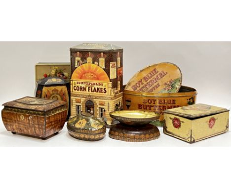 A group of vintage biscuit/confectionary tins comprising a large Sunnyfields Golden Corn Flakes tin in the form of a building