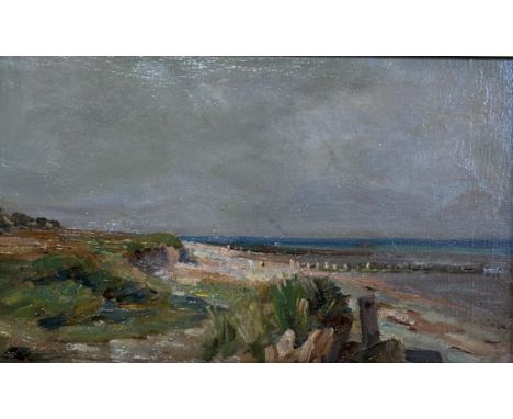 Robert Payton Red (Scottish 1859-1945), Coastal View, oil on panel, artist label verso, in a gilt frame. (13.5cmx22.5cm)