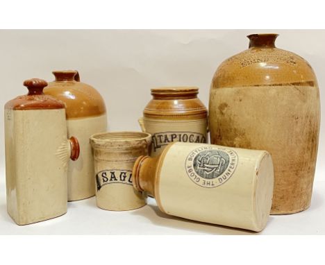 A group of vintage treacle glazed/salt glazed stoneware items comprising a large A W Buchan &amp; Co of Portobello storage ja