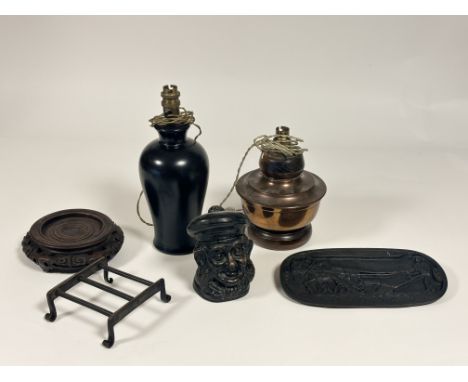 A brass rectangular kettle stand (5cm x 12cm x 14cm) and a Burns at the Plough cast iron panel, Wee Sleekit Cowering Timerous
