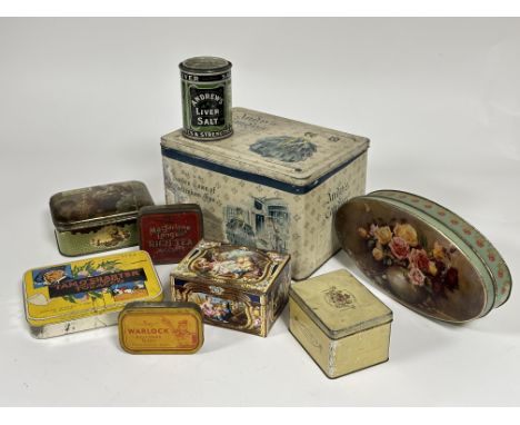 A collection of Vintage tins including Andy's Candys, Tam O' Shanter Tobacco, Kemps Assorted Buiscits, Andrews Liver Salt, Ma