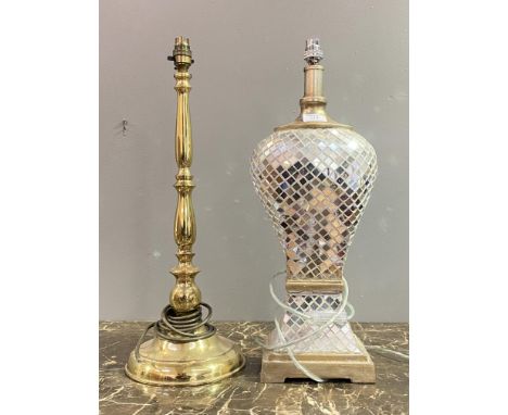 A gilt lacquered brass table lamp formed as a candle stick (H56cm) together with a modern table lamp (H55cm)&nbsp;&nbsp;