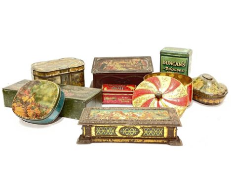 A group of vintage biscuit/confectionary tins comprising two Huntley and Palmers tins (rectangular horse-drawn carriage tin l