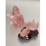 A Japanese carved rose quartz figure of a seated musician playing a Biwa, no signs of damage or