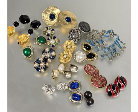 Property of the late Countess Haig: A collection of clip on Vintage 80's style earrings including perspex black and amber dro