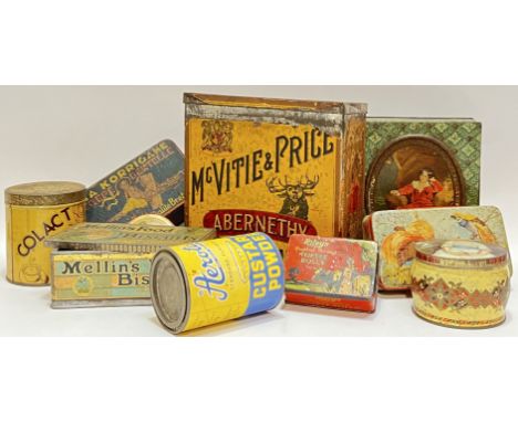 A collection of vintage biscuit/confectionary tins comprising a large McVitie and Price Abernethy Biscuits container (h- 25cm