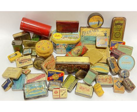 A large quantity of vintage tins including Butlin's souvenir (h- 11cm, w- 15cm), fire extinguisher, tobacco/smoking tins, com