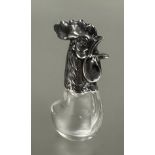 A crystal silver topped Cockerel mask pepper shaker with pierced comb, stamped 925 with import mark,