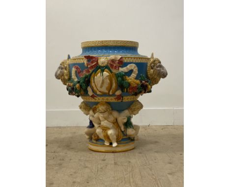 A large Minton style ceramic vase in the Neoclassical taste, the the vase with greek key and fluted border above a case decor