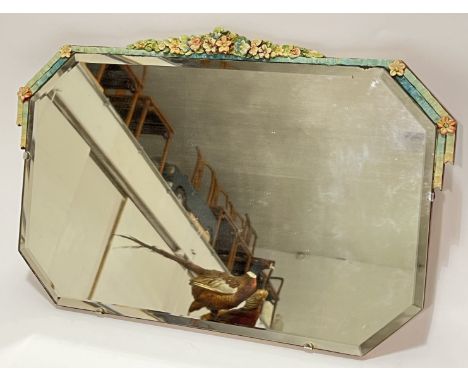 A vintage wall mounted Barbola mirror with octagonal bevelled glass mirror and floral decoration to exterior (h- 38cm, w- 57.