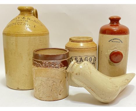 A group of vintage stoneware items comprising a large Skey Pottery (Tamworth) one gallon storage jar for Sterry and Morris Gr