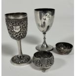 A 9thc Eastern white metal miniature chased and engraved goblet with shield with initials WC with