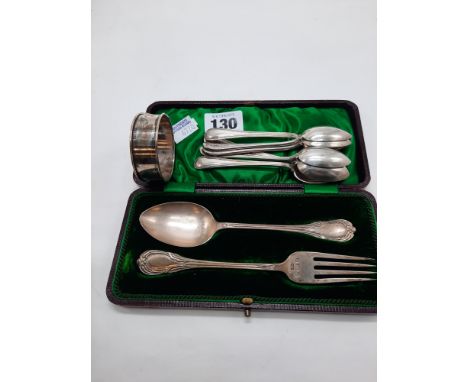 SET OF 6 H/M SILVER TEASPOONS WITH CASED SET SPOON &amp; FORK &amp; A NAPKIN RING