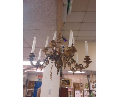 BRASS TEN BRANCH CEILING LIGHT WITH FRENCH CANDLE LIGHTS